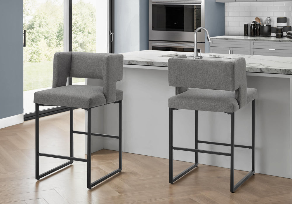Monarch Specialties Barstool, Set of 2 Grey Fabric Padded Seat Black Metal Legs for Kitchen Islands I 1249