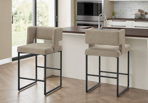 Barstool, Set of 2 Brown Fabric Padded Seat Black Metal Legs Modern Kitchen Island