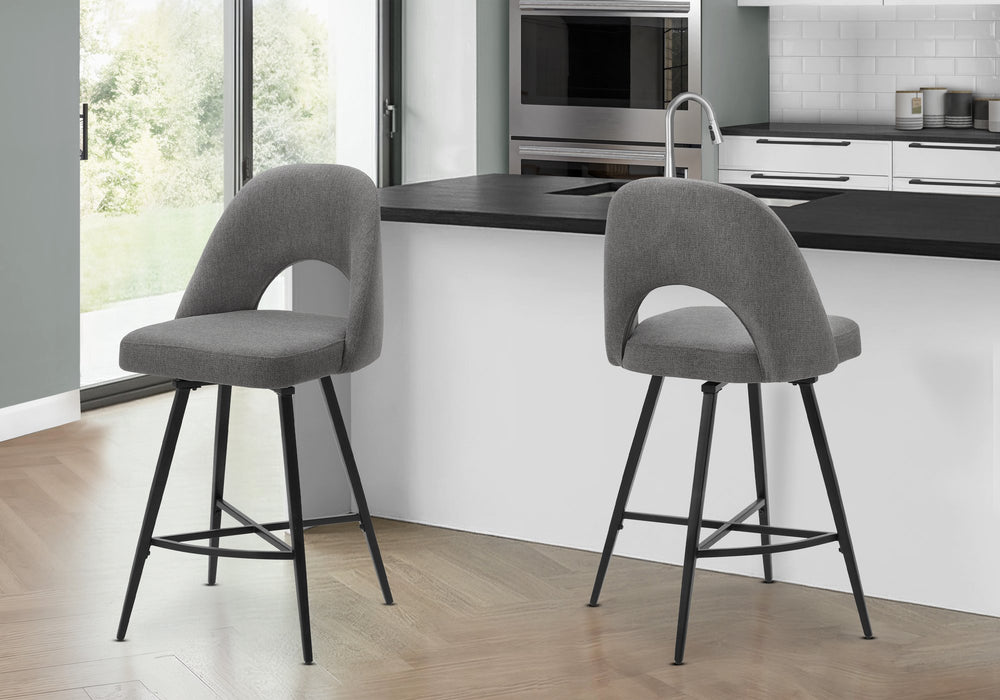 Monarch Specialties Barstool, Set of 2 Swivel Grey Fabric Padded Seat Black Metal Kitchen Counter I 1253