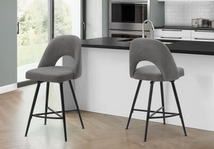 Barstool, Set of 2 Swivel Grey Fabric Padded Seat Black Metal Kitchen Counter