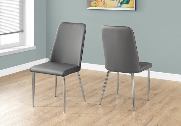 Monarch Specialties Dining Chair, Set Of 2, Side, Upholstered, Kitchen, Dining Room, Grey Leather Look, Chrome Metal, Contemporary, Modern Grey Foam,Metal,Leather,Look I 1035