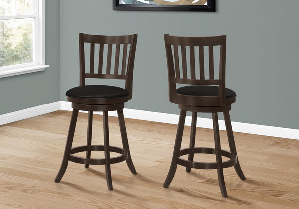 Monarch Specialties Bar Stool, Set Of 2, Swivel, Counter Height, Kitchen, Brown Wood, Black Leather Look, Transitional Espresso,Black, Black Solid Wood,Foam,Mdf,Veneer I 1237