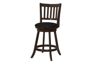 Monarch Specialties Bar Stool, Set Of 2, Swivel, Counter Height, Kitchen, Brown Wood, Black Leather Look, Transitional Espresso,Black, Black Solid Wood,Foam,Mdf,Veneer I 1237
