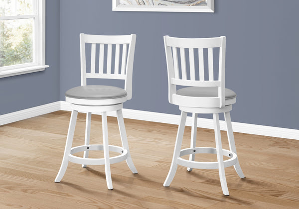 Monarch Specialties Bar Stool, Set Of 2, Swivel, Counter Height, Kitchen, White Wood, Grey Leather Look, Transitional White,Grey, Grey Solid Wood,Foam,Mdf,Veneer I 1239