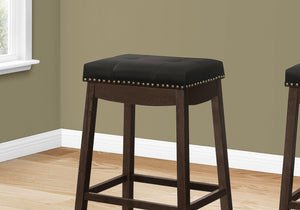 Monarch Specialties Bar Stool, Set Of 2, Bar Height, Saddle Seat, Brown Wood, Black Leather Look, Transitional Espresso,Black, Black Solid Wood,Foam,Mdf,Veneer I 1260