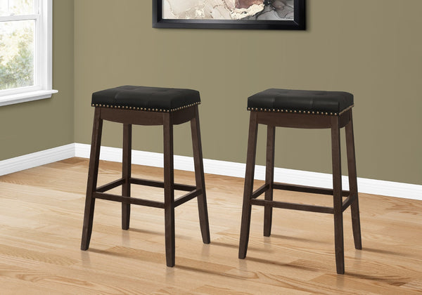 Monarch Specialties Bar Stool, Set Of 2, Bar Height, Saddle Seat, Brown Wood, Black Leather Look, Transitional Espresso,Black, Black Solid Wood,Foam,Mdf,Veneer I 1260