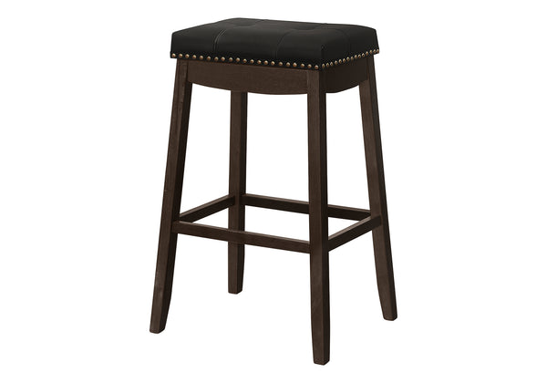 Monarch Specialties Bar Stool, Set Of 2, Bar Height, Saddle Seat, Brown Wood, Black Leather Look, Transitional Espresso,Black, Black Solid Wood,Foam,Mdf,Veneer I 1260