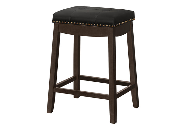 Monarch Specialties Bar Stool, Set Of 2, Counter Height, Saddle Seat, Kitchen, Brown Wood, Black Leather Look, Transitional Espresso,Black, Black Solid Wood,Foam,Mdf,Veneer I 1261
