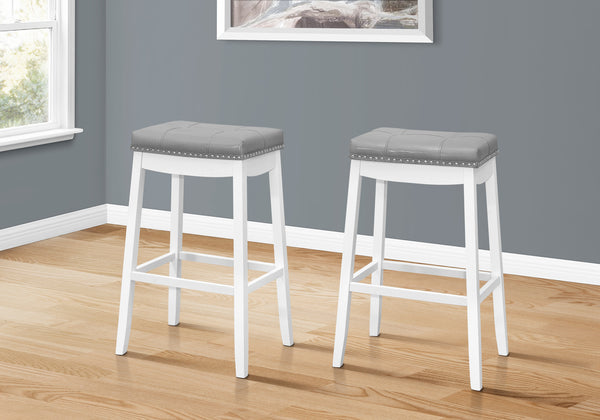 Monarch Specialties Bar Stool, Set Of 2, Bar Height, Saddle Seat, White Wood, Grey Leather Look, Transitional White,Grey, Grey Solid Wood,Foam,Mdf,Veneer I 1262
