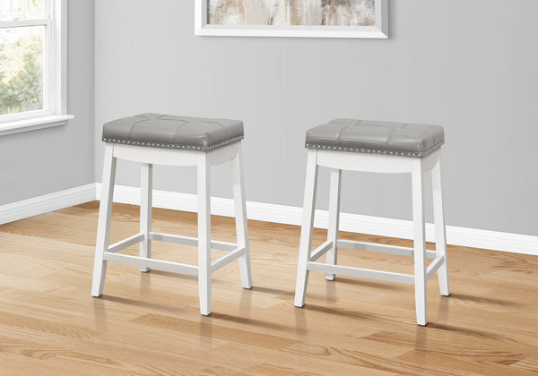 Monarch Specialties Bar Stool, Set Of 2, Counter Height, Saddle Seat, Kitchen, White Wood, Grey Leather Look, Transitional White,Grey, Grey Solid Wood,Foam,Mdf,Veneer I 1263
