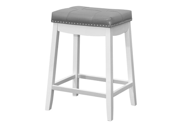 Monarch Specialties Bar Stool, Set Of 2, Counter Height, Saddle Seat, Kitchen, White Wood, Grey Leather Look, Transitional White,Grey, Grey Solid Wood,Foam,Mdf,Veneer I 1263