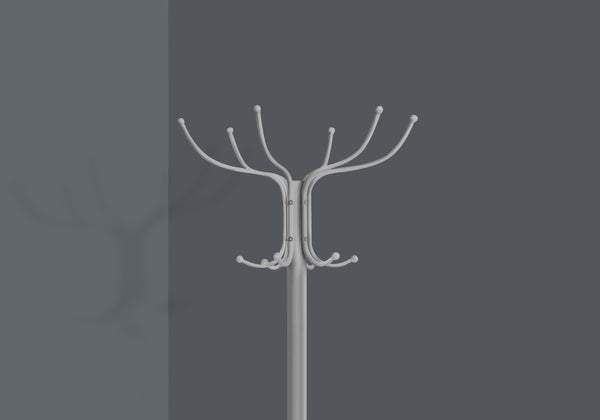 Monarch Specialties Coat Rack, Hall Tree, Free Standing, 12 Hooks, Entryway, 70"H, Umbrella Holder, Bedroom, Grey Metal, Contemporary, Modern Silver Metal I 2032