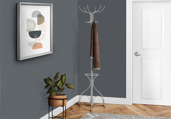 Monarch Specialties Coat Rack, Hall Tree, Free Standing, 12 Hooks, Entryway, 70"H, Umbrella Holder, Bedroom, Grey Metal, Contemporary, Modern Silver Metal I 2032