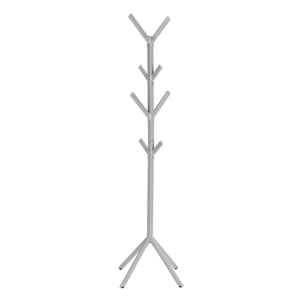Monarch Specialties Coat Rack, Hall Tree, Free Standing, 8 Hooks, Entryway, 70"H, Bedroom, Grey Metal, Contemporary, Modern Silver Metal I 2058