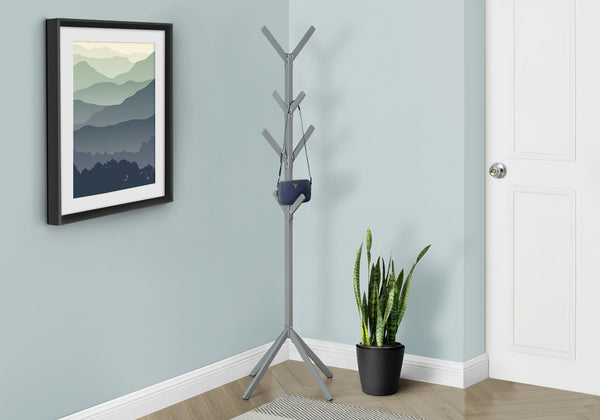 Monarch Specialties Coat Rack, Hall Tree, Free Standing, 8 Hooks, Entryway, 70"H, Bedroom, Grey Metal, Contemporary, Modern Silver Metal I 2058