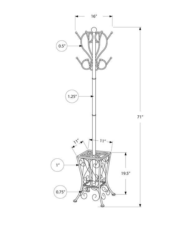 Monarch Specialties Coat Rack, Hall Tree, Free Standing, 8 Hooks, Entryway, 71"H, Umbrella Holder, Bedroom, Black Metal, Transitional Black Metal I 2060
