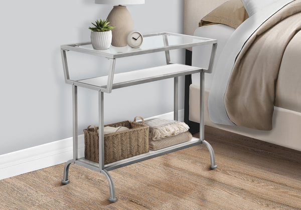 Monarch Specialties Accent Table, Side, End, Narrow, Small, 2 Tier, Living Room, Bedroom, White Laminate, Grey Metal, Contemporary, Modern White,Clear,Silver, Clear,Silver Metal,Mdf,Tempered Glass I 2068