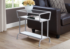 Monarch Specialties Accent Table, Side, End, Narrow, Small, 2 Tier, Living Room, Bedroom, White Laminate, Grey Metal, Contemporary, Modern White,Clear,Silver, Clear,Silver Metal,Mdf,Tempered Glass I 2068
