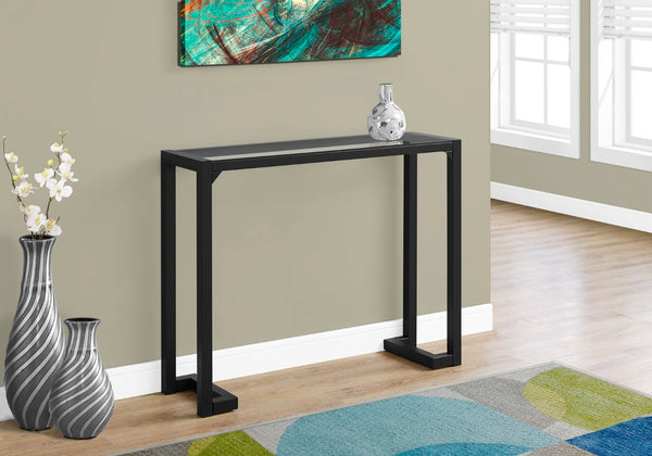 Monarch Specialties Accent Table, Console, Entryway, Narrow, Sofa, Living Room, Bedroom, Clear Tempered Glass, Black Metal, Contemporary, Modern Black Tempered Glass,Metal I 2106