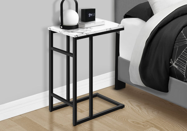 Monarch Specialties Accent Table, C-shaped, End, Side, Snack, Living Room, Bedroom, White Marble Look Laminate, Black Metal, Contemporary, Modern White,Black, Black Particle Board,Metal I 2173