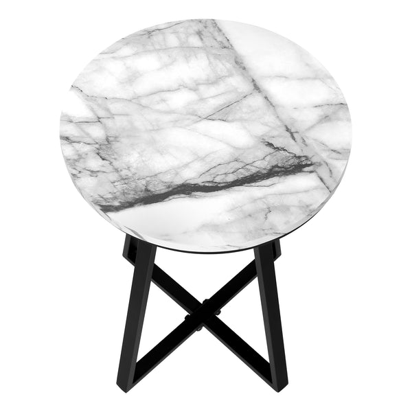 Monarch Specialties Accent Table, Side, Round, End, Nightstand, Lamp, Living Room, Bedroom, White Marble Look Laminate, Black Metal, Contemporary, Modern White,Black, Black Metal,Particle Board I 2178