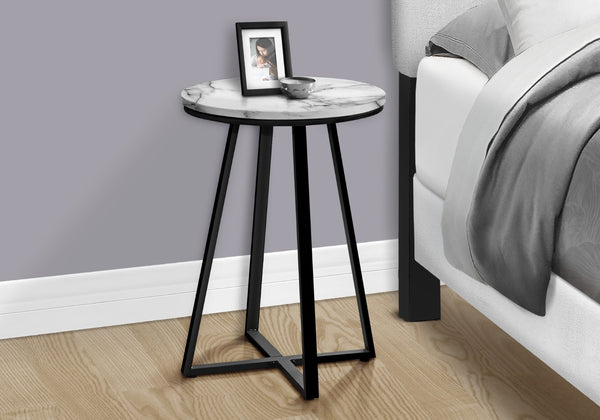 Monarch Specialties Accent Table, Side, Round, End, Nightstand, Lamp, Living Room, Bedroom, White Marble Look Laminate, Black Metal, Contemporary, Modern White,Black, Black Metal,Particle Board I 2178