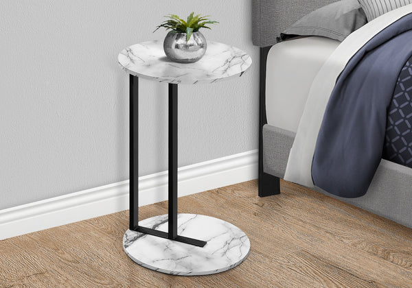 Monarch Specialties Accent Table, Side, Round, End, Nightstand, Lamp, Living Room, Bedroom, White Marble Look Laminate, Black Metal, Contemporary, Modern White,Black, Black Metal,Mdf I 2210