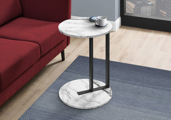 Monarch Specialties Accent Table, Side, Round, End, Nightstand, Lamp, Living Room, Bedroom, White Marble Look Laminate, Black Metal, Contemporary, Modern White,Black, Black Metal,Mdf I 2210