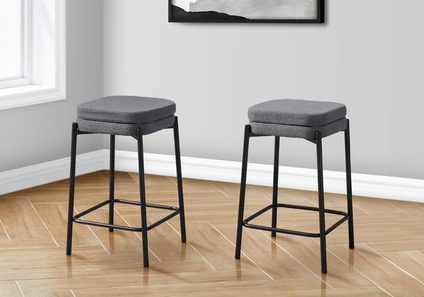 Monarch Specialties Barstool, Counter Height, Set Of 2, Kitchen, Grey Fabric, Black Metal, Contemporary, Modern Black,Grey, Grey Metal,Foam,Particle Board I 2226