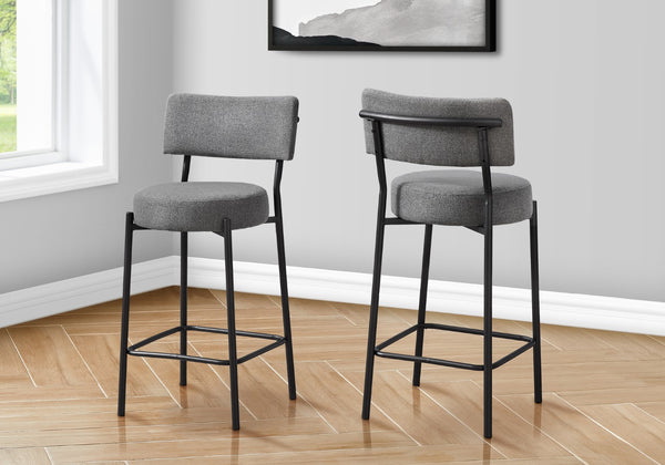 Monarch Specialties Barstool, Counter Height, Set Of 2, Kitchen, Grey Fabric, Black Metal, Contemporary, Modern Black,Grey, Grey Metal,Foam,Particle Board I 2246