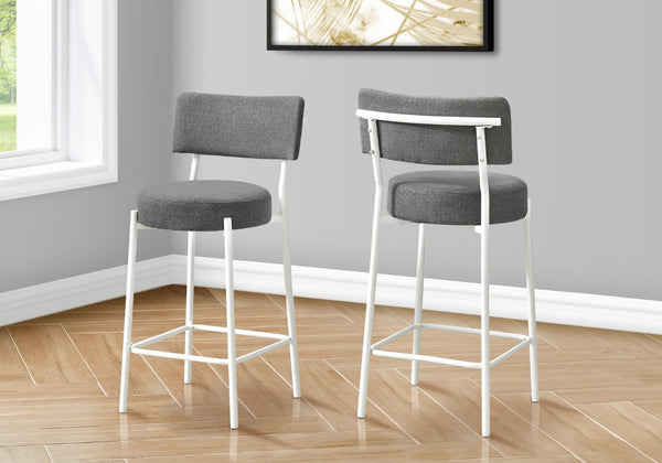 Monarch Specialties Barstool, Counter Height, Set Of 2, Kitchen, Grey Fabric, White Metal, Contemporary, Modern White,Grey, Grey Metal,Foam,Particle Board I 2247