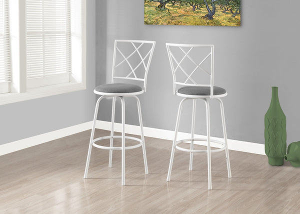 Monarch Specialties Bar Stool, Set Of 2, Swivel, Bar Height, White Metal, Grey Fabric, Contemporary, Modern White,Grey, Grey Metal,Foam,Cotton I 2377