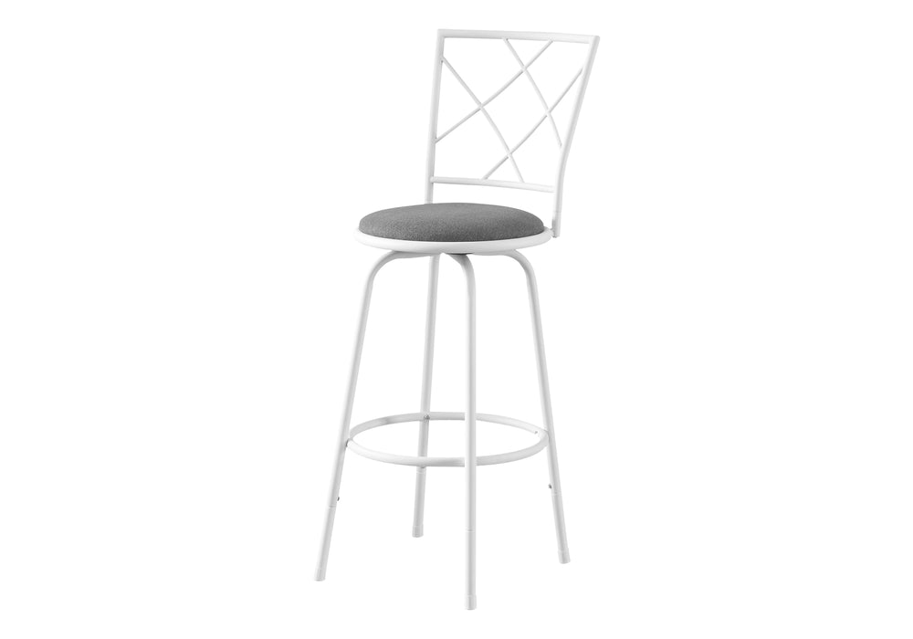 Monarch Specialties Bar Stool, Set Of 2, Swivel, Bar Height, White Metal, Grey Fabric, Contemporary, Modern White,Grey, Grey Metal,Foam,Cotton I 2377