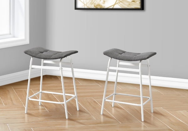 Monarch Specialties Barstool, Counter Height, Set Of 2, Kitchen, Grey Fabric, White Metal, Contemporary, Modern White,Grey, Grey Metal,Foam,Particle Board I 2387