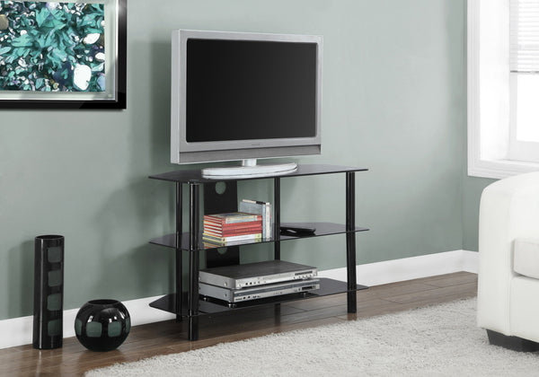 Monarch Specialties Tv Stand, 36 Inch, Console, Media Entertainment Center, Storage Shelves, Living Room, Bedroom, Black Metal, Clear Tempered Glass, Contemporary, Modern Black Metal,Tempered Glass I 2506
