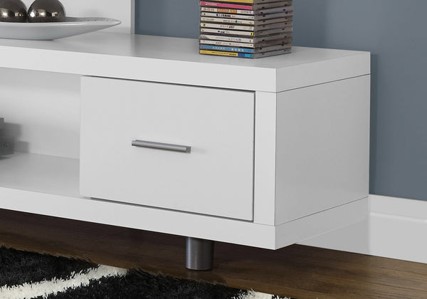Monarch Specialties Tv Stand, 60 Inch, Console, Media Entertainment Center, Storage Cabinet, Living Room, Bedroom, White Laminate, Contemporary, Modern White,Silver, Silver Particle Board,Hollow,Core,Laminate,Mdf,Metal I 2573