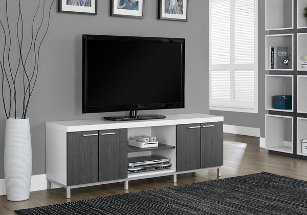 Monarch Specialties Tv Stand, 60 Inch, Console, Media Entertainment Center, Storage Cabinet, Living Room, Bedroom, White And Grey Laminate, Contemporary White,Grey,Silver, Grey,Silver Particle Board,Hollow,Core,Laminate,Mdf,Metal I 2591