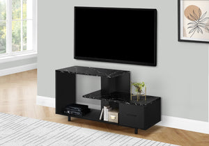 Monarch Specialties Tv Stand, 48 Inch, Console, Media Entertainment Center, Storage Drawer, Living Room, Bedroom, Black Marble Look Laminate, Contemporary, Modern Black Particle Board,Metal I 2610