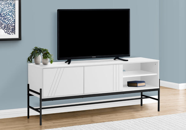 Monarch Specialties Tv Stand, 60 Inch, Console, Media Entertainment Center, Storage Cabinet, Living Room, Bedroom, White Laminate, Black Metal, Contemporary, Modern White,Black, Black Particle Board,Mdf,Metal I 2738