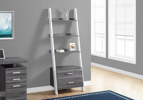 Monarch Specialties Bookshelf, Bookcase, Etagere, Ladder, 4 Tier, 69"H, Office, Bedroom, Grey And White Laminate, Contemporary, Modern Grey,White, White Particle Board,Hollow,Core,Laminate,Mdf I 2756