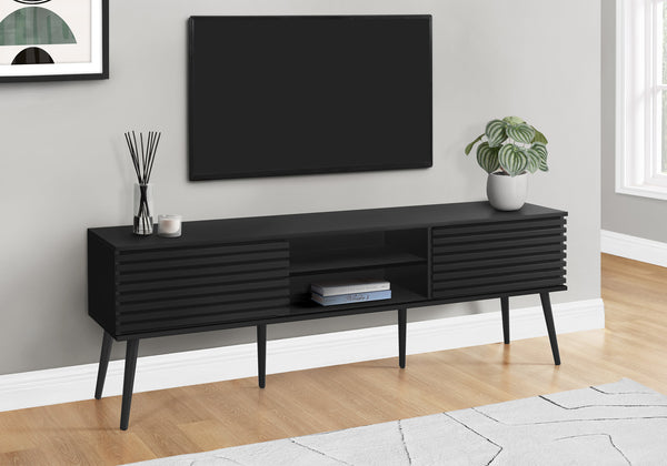 Monarch Specialties Tv Stand, 72 Inch, Media Entertainment Center, Storage Cabinet, Console, Storage Shelves, Bedroom, Living Room, Black Laminate, Contemporary Black Particle Board,Solid Wood I 2783