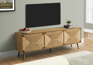 Monarch Specialties Tv Stand, 72 Inch, Media Entertainment Center, Storage Cabinet, Console, Walnut Laminate, Natural Seagrass, Mid Century, Modern Walnut Mdf,Particle Board,Solid Wood I 2793