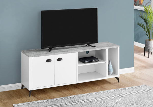 Monarch Specialties Tv Stand, 60 Inch, Console, Media Entertainment Center, Storage Cabinet, Living Room, Bedroom, White And Grey Laminate, Black Metal, Contemporary, Modern White,Grey, Grey Mdf,Hollow,Core,Laminate,Metal,Particle Board I 2841