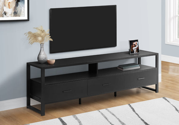Monarch Specialties Tv Stand, 72 Inch, Media Entertainment Center, Storage Drawers, Black Laminate, Black Metal, Contemporary, Modern Black Mdf,Laminate,Metal I 2845