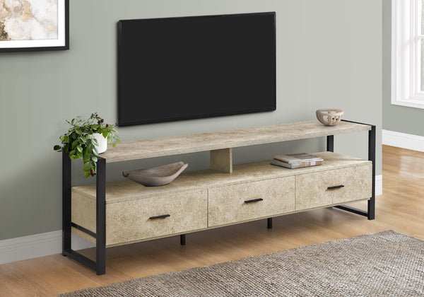Monarch Specialties Tv Stand, 72 Inch, Media Entertainment Center, Storage Drawers, Cream Stone Laminate, Black Metal, Contemporary, Modern Cream,Black, Black Mdf,Laminate,Metal I 2846