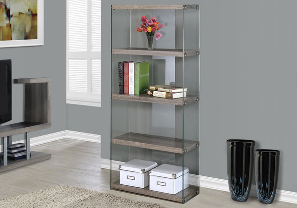 Monarch Specialties Bookshelf, Bookcase, Etagere, 5 Tier, 60"H, Office, Bedroom, Clear Tempered Glass, Brown Laminate, Contemporary, Modern Dark Taupe,Clear, Clear Particle Board,Glass,Laminate,Tempered Glass I 3060