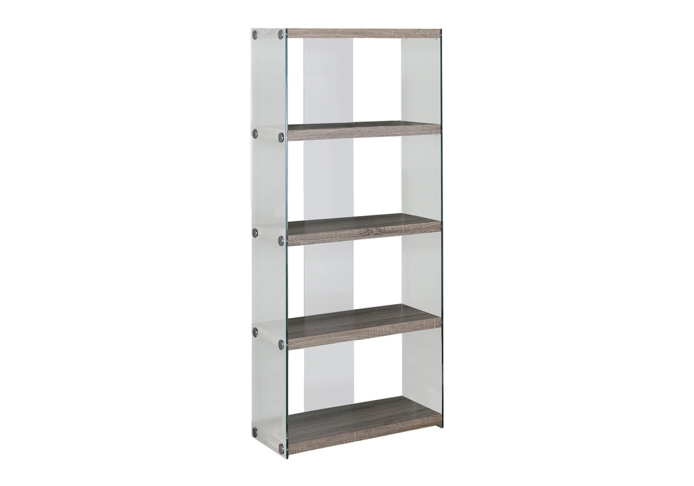 Monarch Specialties Bookshelf, Bookcase, Etagere, 5 Tier, 60"H, Office, Bedroom, Clear Tempered Glass, Brown Laminate, Contemporary, Modern Dark Taupe,Clear, Clear Particle Board,Glass,Laminate,Tempered Glass I 3060