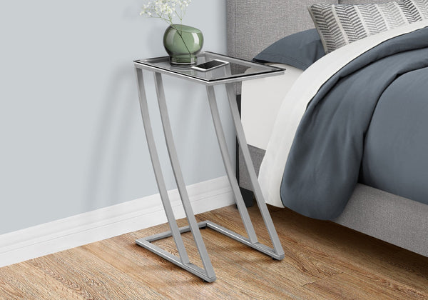 Monarch Specialties Accent Table, C-shaped, End, Side, Snack, Living Room, Bedroom, Tempered Glass, Grey Metal, Contemporary, Modern Silver,Clear, Clear Metal,Tempered Glass I 3090