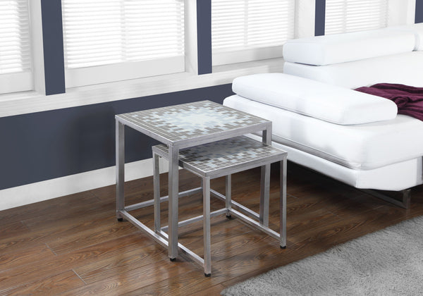 Monarch Specialties Nesting Table, Set Of 2, Side, End, Metal, Accent, Living Room, Bedroom, Blue Tile, Grey Metal, Transitional Grey,Blue,White, Blue,White Metal I 3141