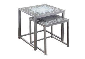Monarch Specialties Nesting Table, Set Of 2, Side, End, Metal, Accent, Living Room, Bedroom, Blue Tile, Grey Metal, Transitional Grey,Blue,White, Blue,White Metal I 3141